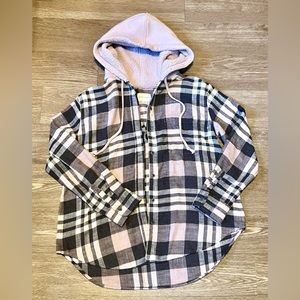 American Eagle Outfitters Cozy Lavender & Black Flannel Hooded Shirt, Size S